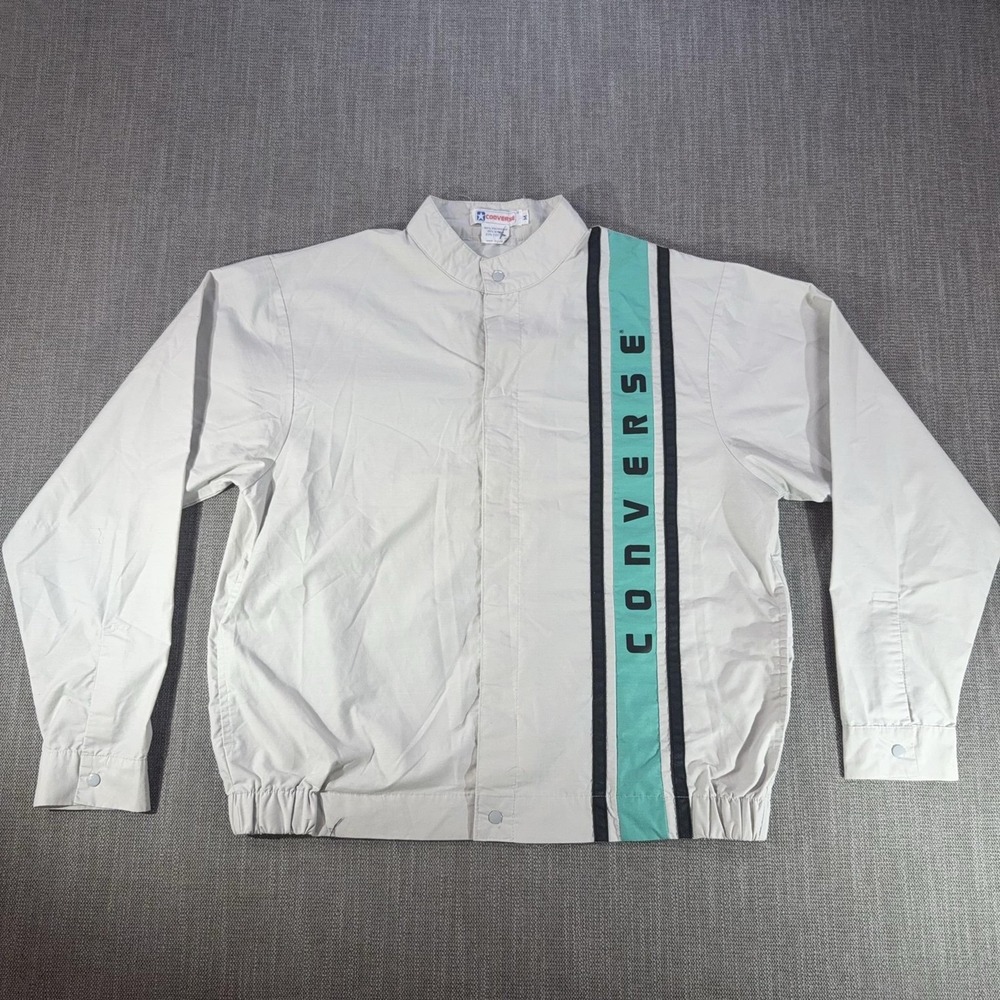 Vintage Converse Jacket Mens Medium Beige Stripe Logo Snap Windbreaker USA